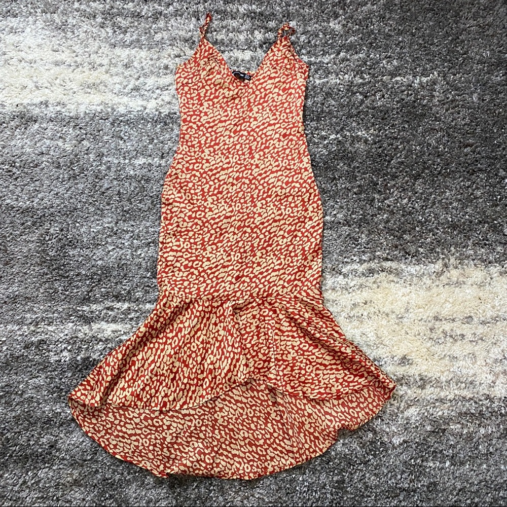 *SOLD* Red Leopard Print Frill Hem Midi Dress